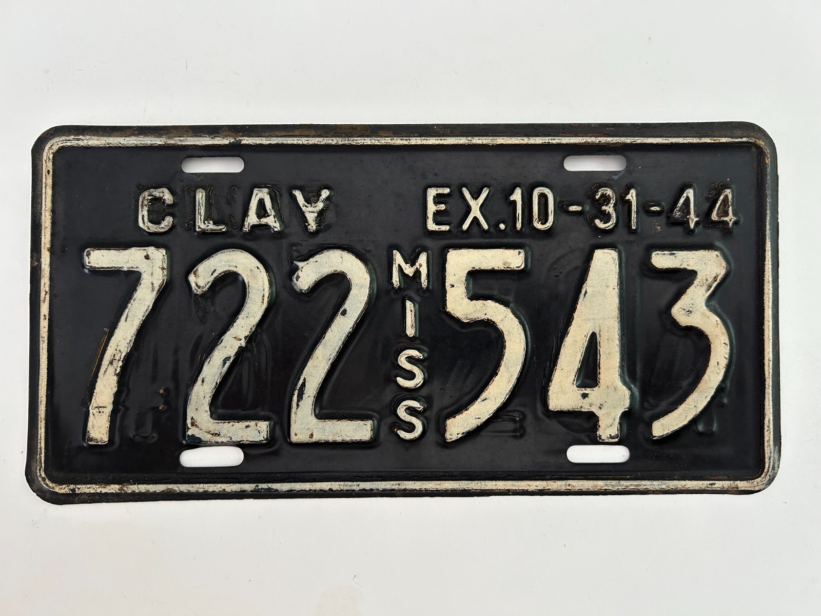 1944 Mississippi License Plate RE-STAMPED WWII Issue Clay County All Original