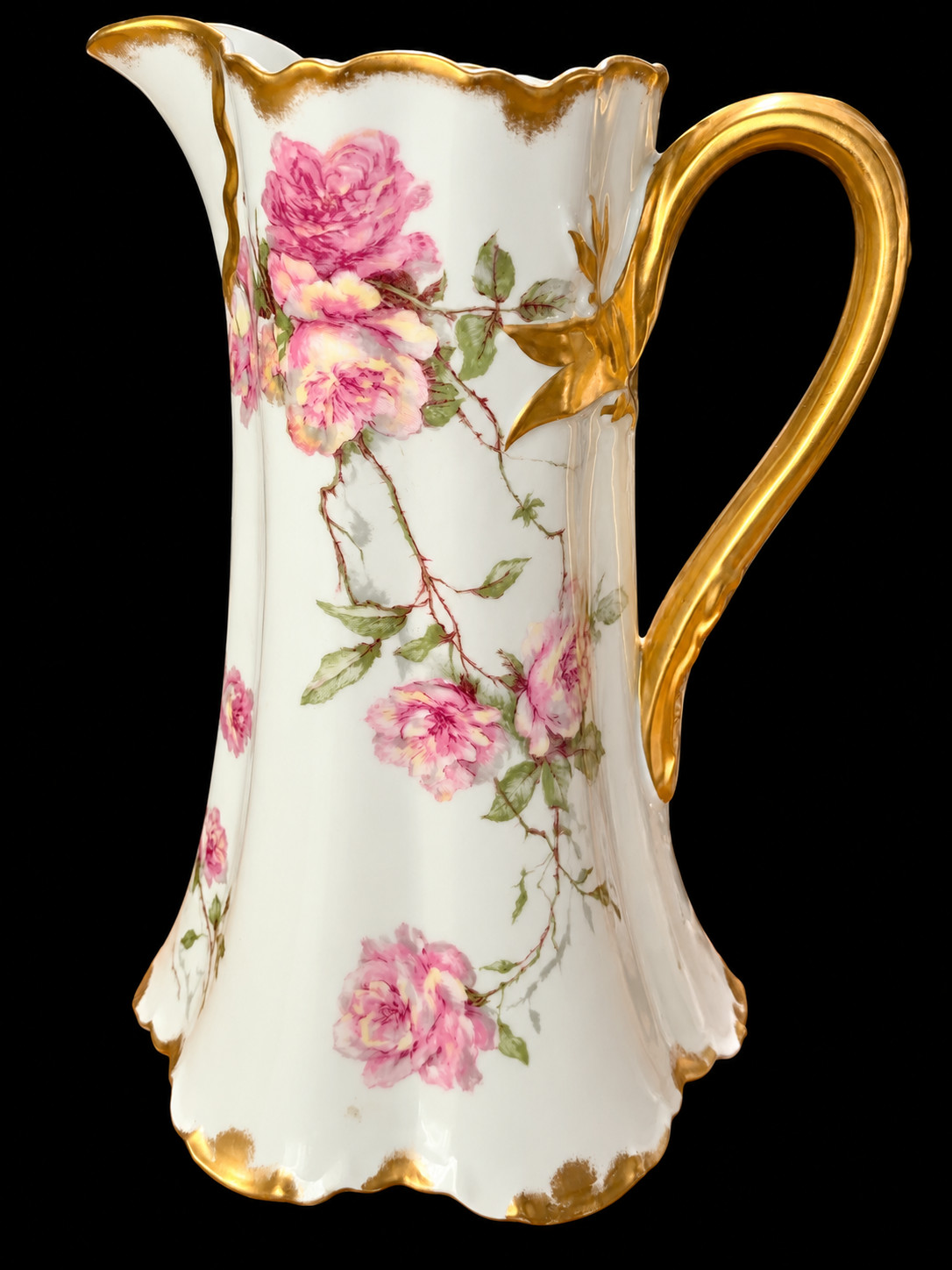 Antique Haviland Limoges France Porcelain Pitcher Pink Roses Heavy Gold Gilt