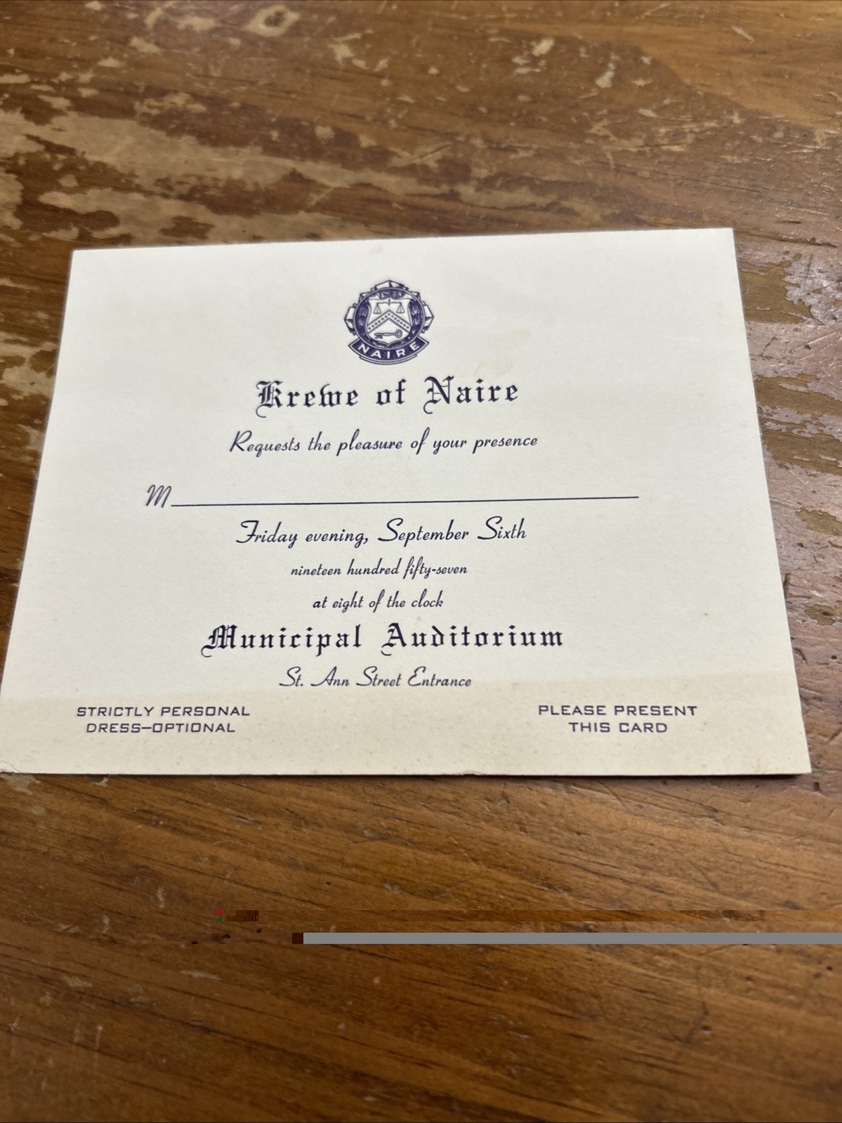 1957 Krewe of Naire Ball Invitation Mardi Gras Municipal Auditorium New Orleans
