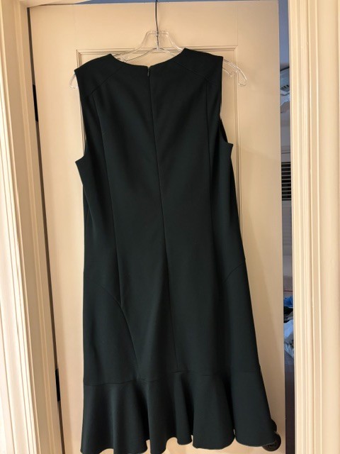 Akris Punto sleeveless dark green wool dress, 8, zips front and back, kick pleat