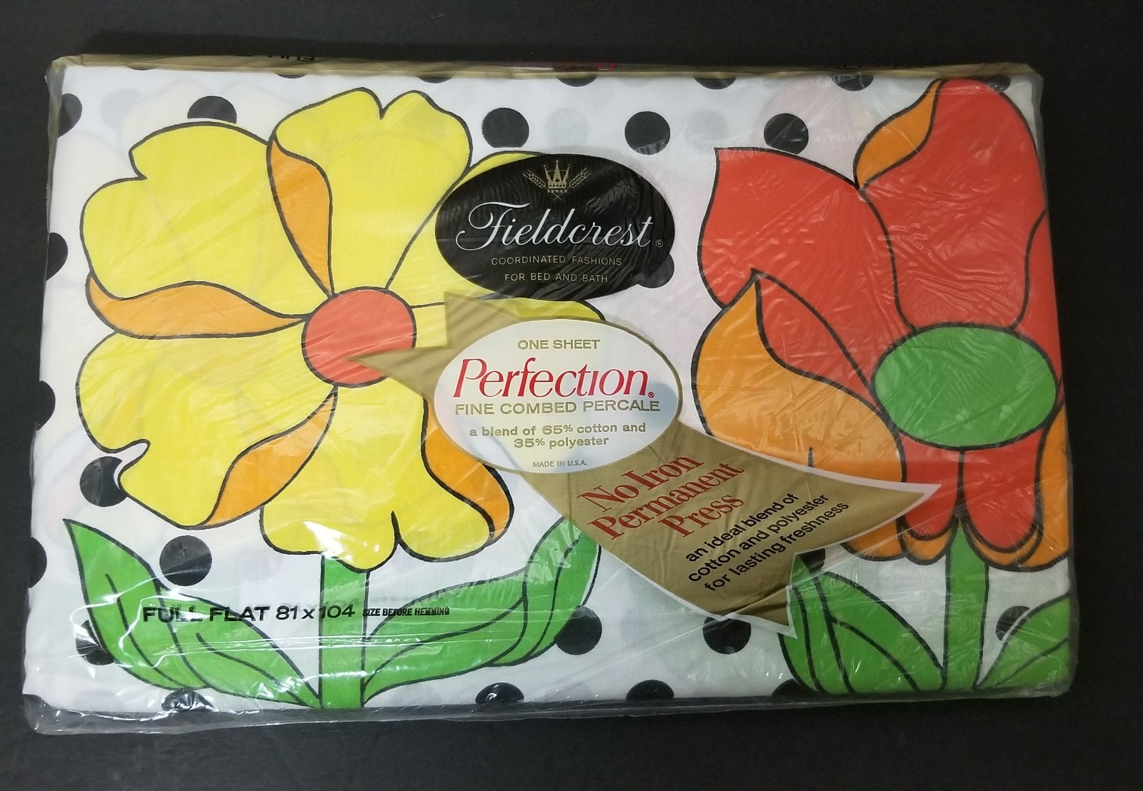 Vintage Fieldcrest Percale Full Flat Sheet POPPY DOT Orange Yellow Floral & Dots