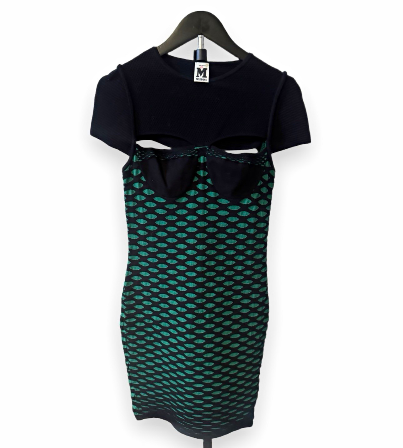 Missoni Black Green Geometric Mesh Cut-Out Crew Neck Bodycon Short Dress M