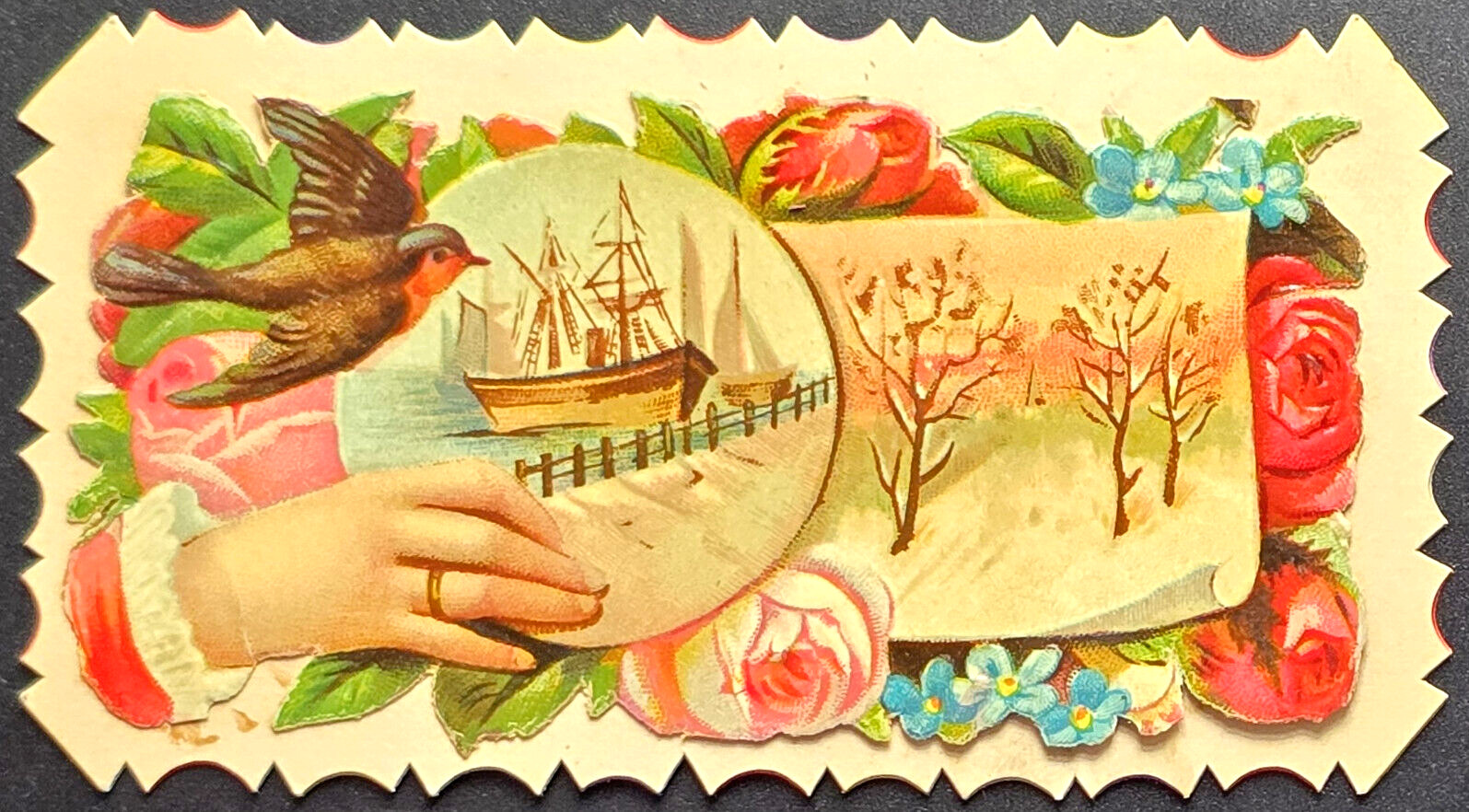 Antique Victorian Scrap Die Cut Hand Bird Ship & Winter Scene Embossed 1800s