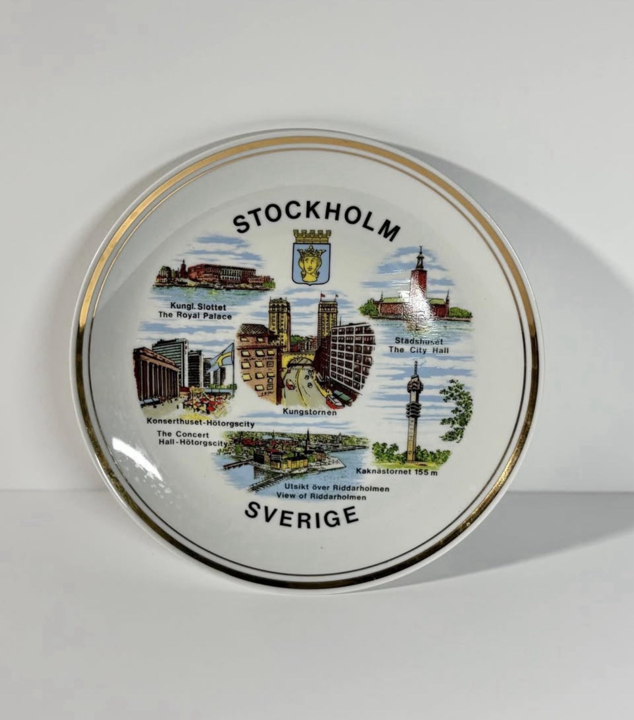 Ilmenau Porcelain Stockholm Sweden Souvenir Plate GDR East Germany Gold Trim VTG