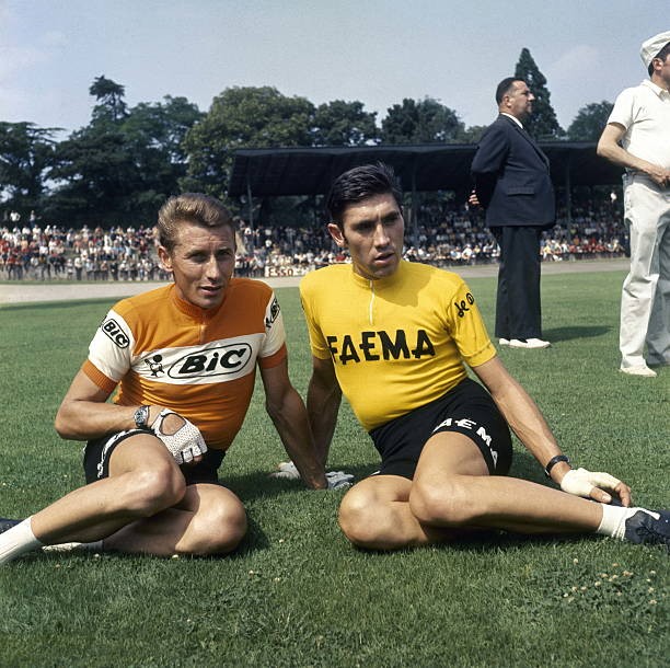 Racing cyclists Jacques Anquetil and Eddy Merckx 1970 Old Photo