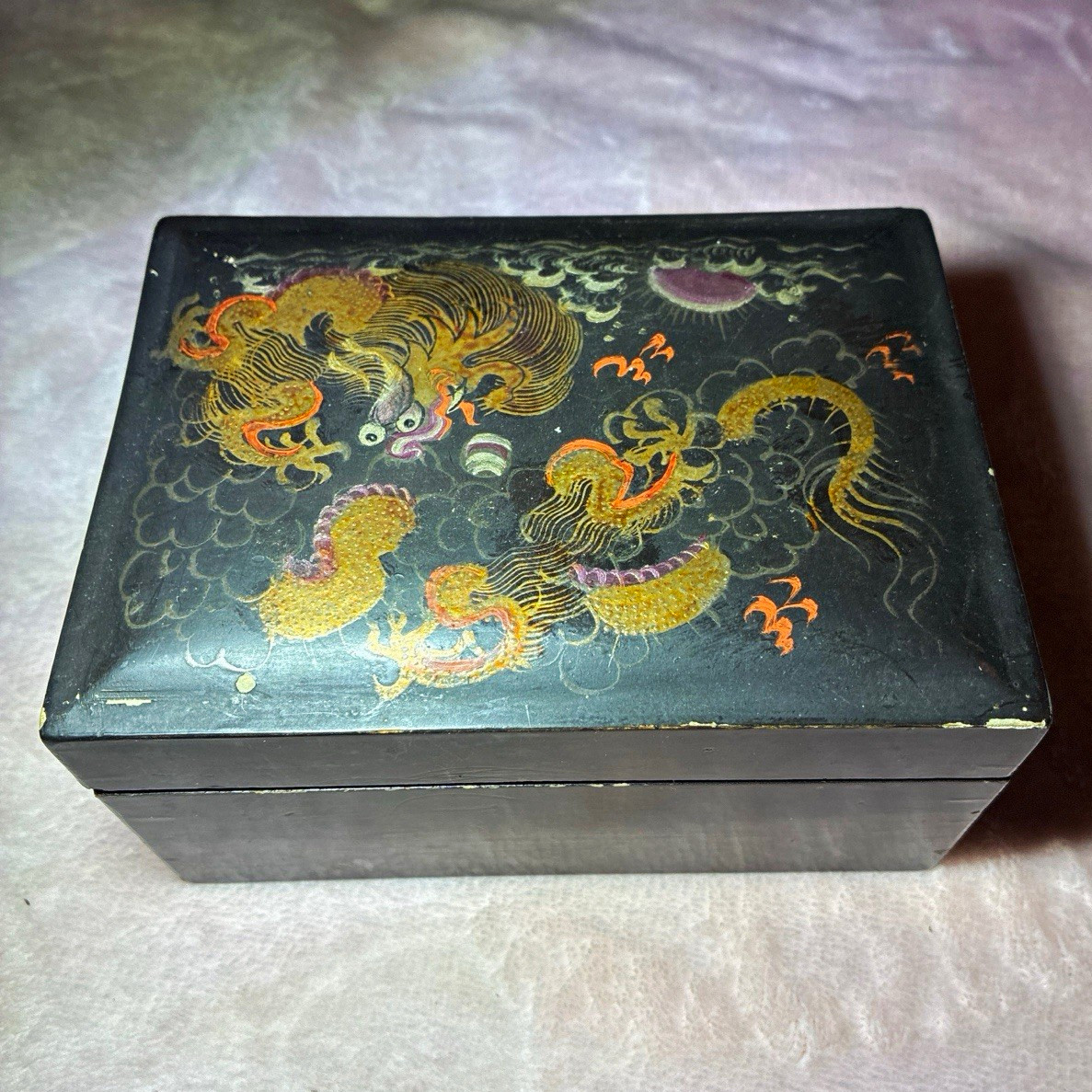 Vintage Japanese Black Lacquer Nesting Boxes Gold Dragon Art Set 