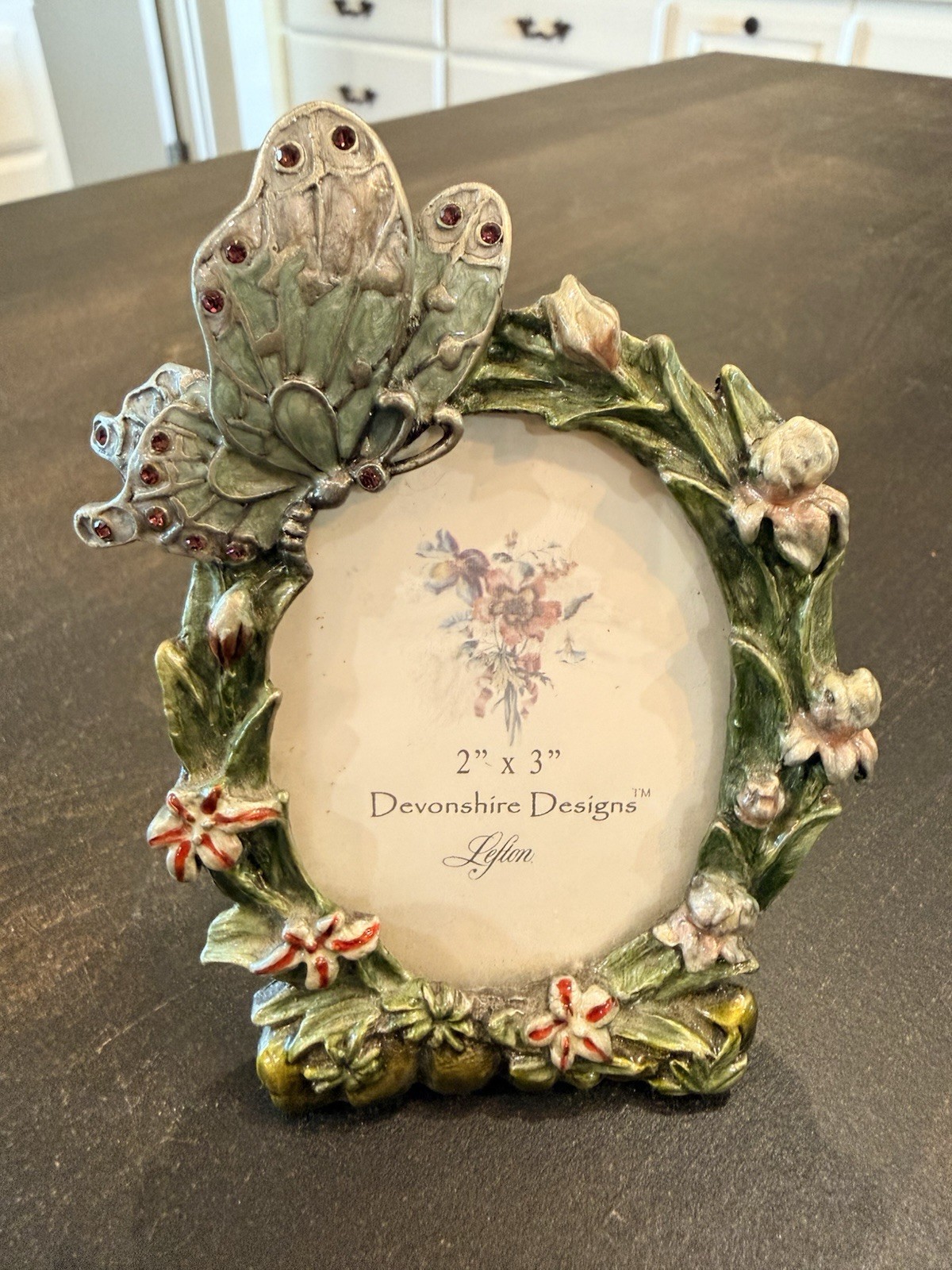Lefton Devonshire Designs Oval Picture Frame Enamel Butterflies Flowers 2 X 3
