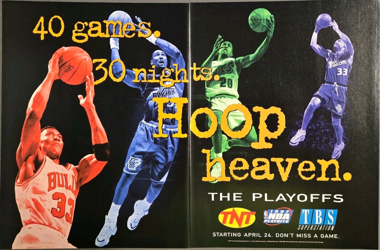 1997- 2 PG PRINT AD - 1997 NBA PLAYOFFS AD - HOOP HEAVEN SONICS JAZZ  BULLS DET