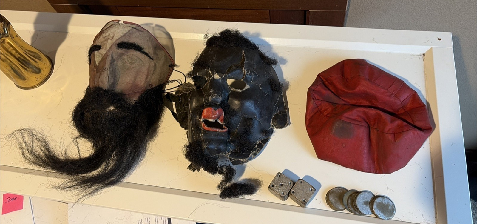 Antique Odd Fellows Ceremonial Mask Hand Painted Wire Mesh C. 1900 Hat Dice LOT