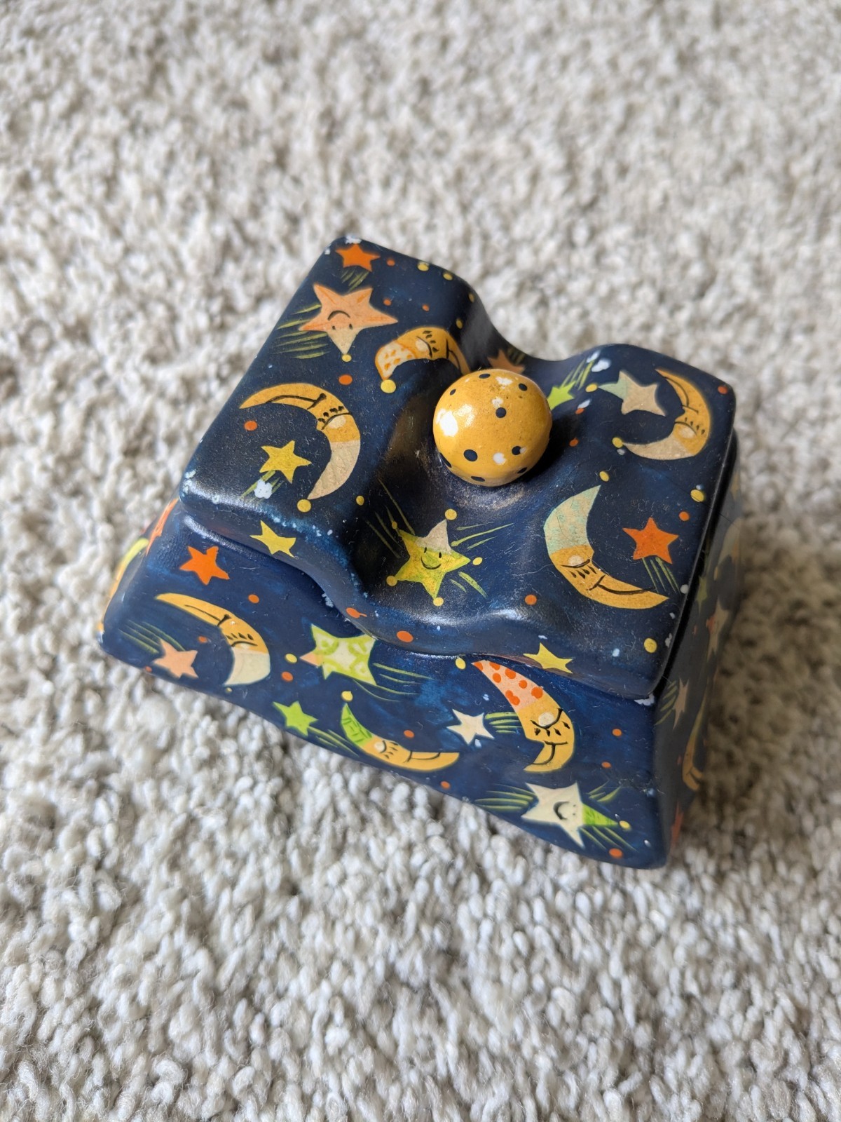 VTG Celestial Moon & Stars HandPainted Ceramic Dream Trinket Box 90s Whimsygoth 