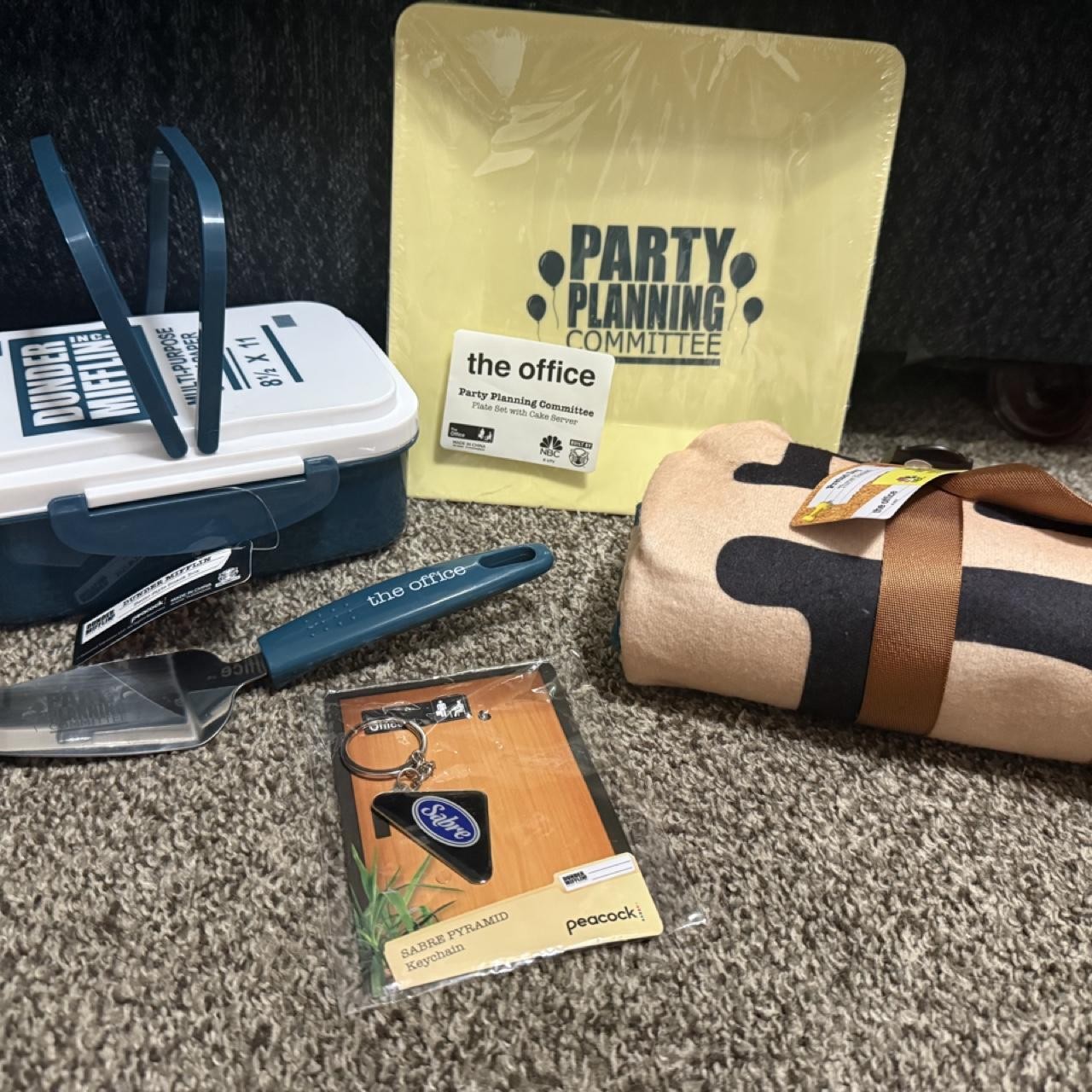 The Office Dunder Mifflin gift set with pretzel day throw blanket, bento box,etc