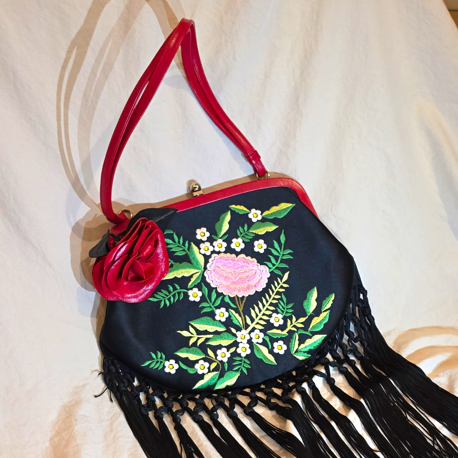 Vintage Moschino S/S 2001 Embroidered Floral Satin Fringe Shoulder Bag Italy