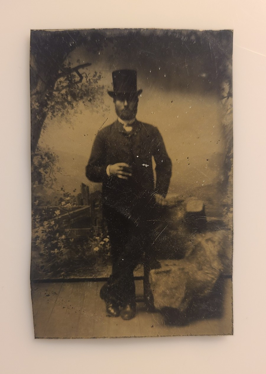 Antique 1860s Tintype Man Smoking Cigar Top Hat Beard Civil War Era Photo