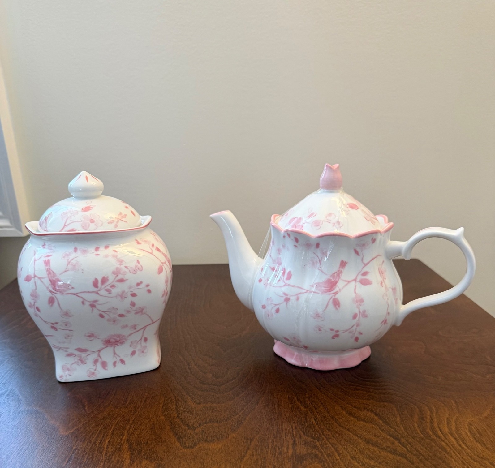 Vintage Style Pink Floral Porcelain Teapot and Tea Caddy Set