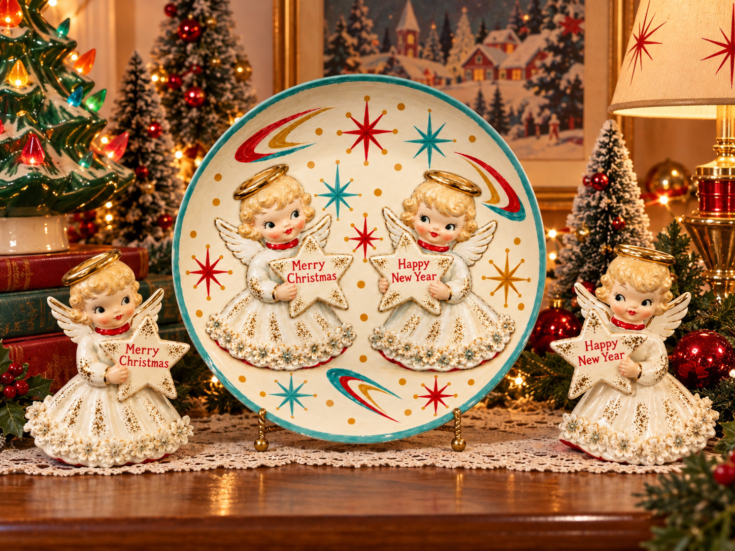 Angels Vintage Holt Howard Inspired 1950s Christmas Plate 50s Pixie Pixieware 60