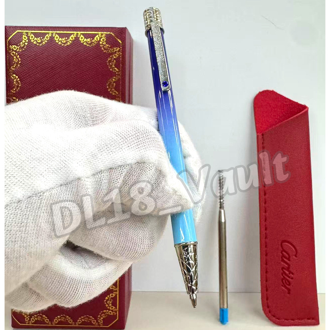 CARTIER Blue Gradient Lacquer Ballpoint Pen Silver Engraved Trim w/ Box, Refill