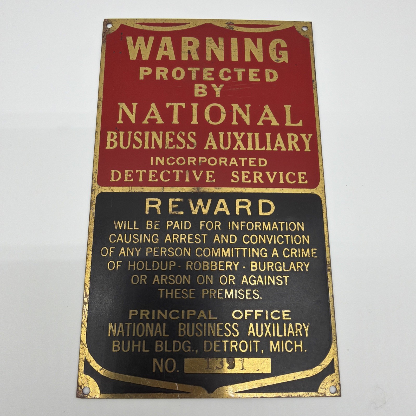 Vintage Warning Sign Metal National Business Auxiliary Inc. Detective Service