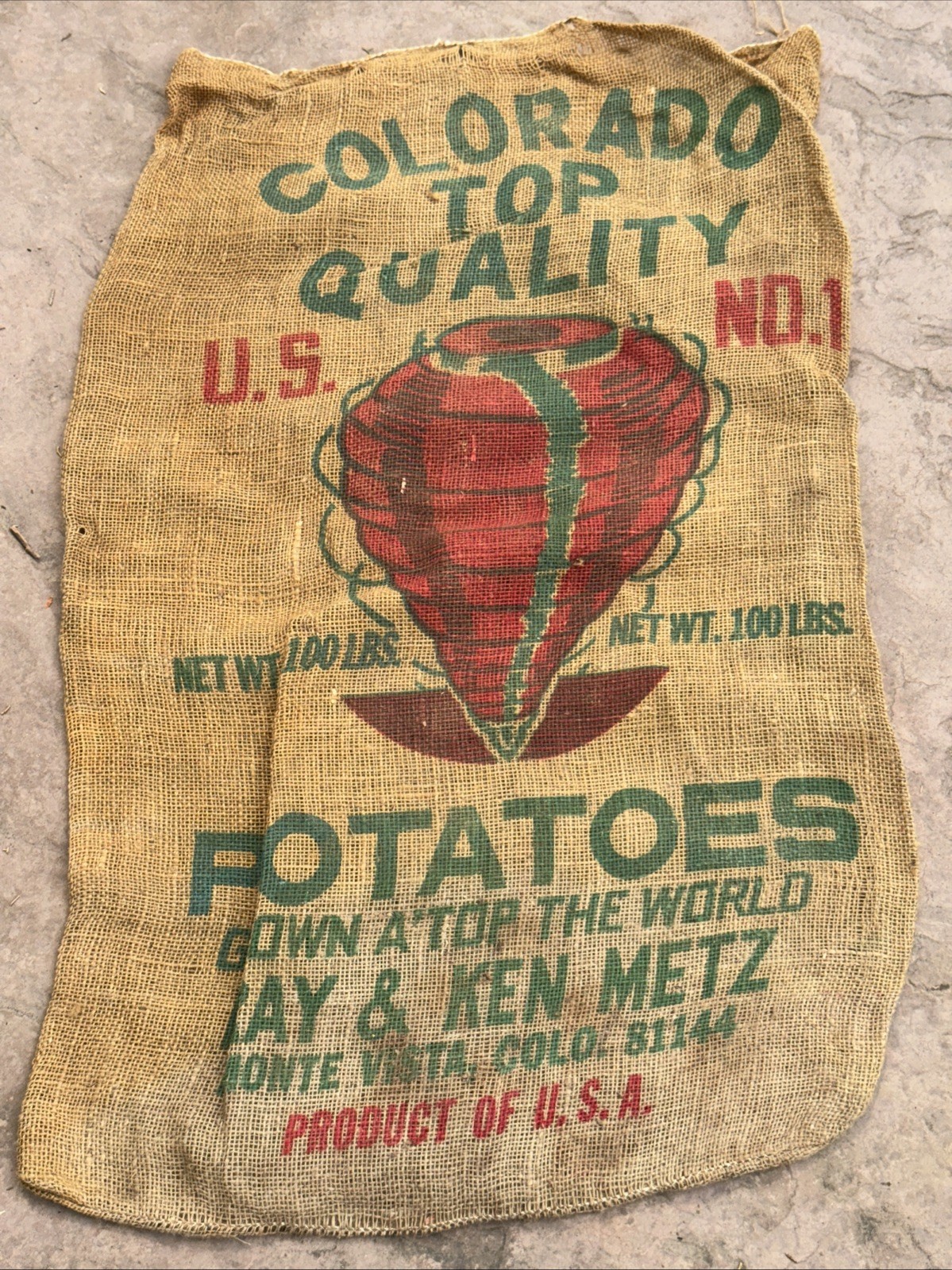 VTG Colorado Top Quality Potatoes Burlap Bag 100 lbs Gunny Sack Rare Antique htf