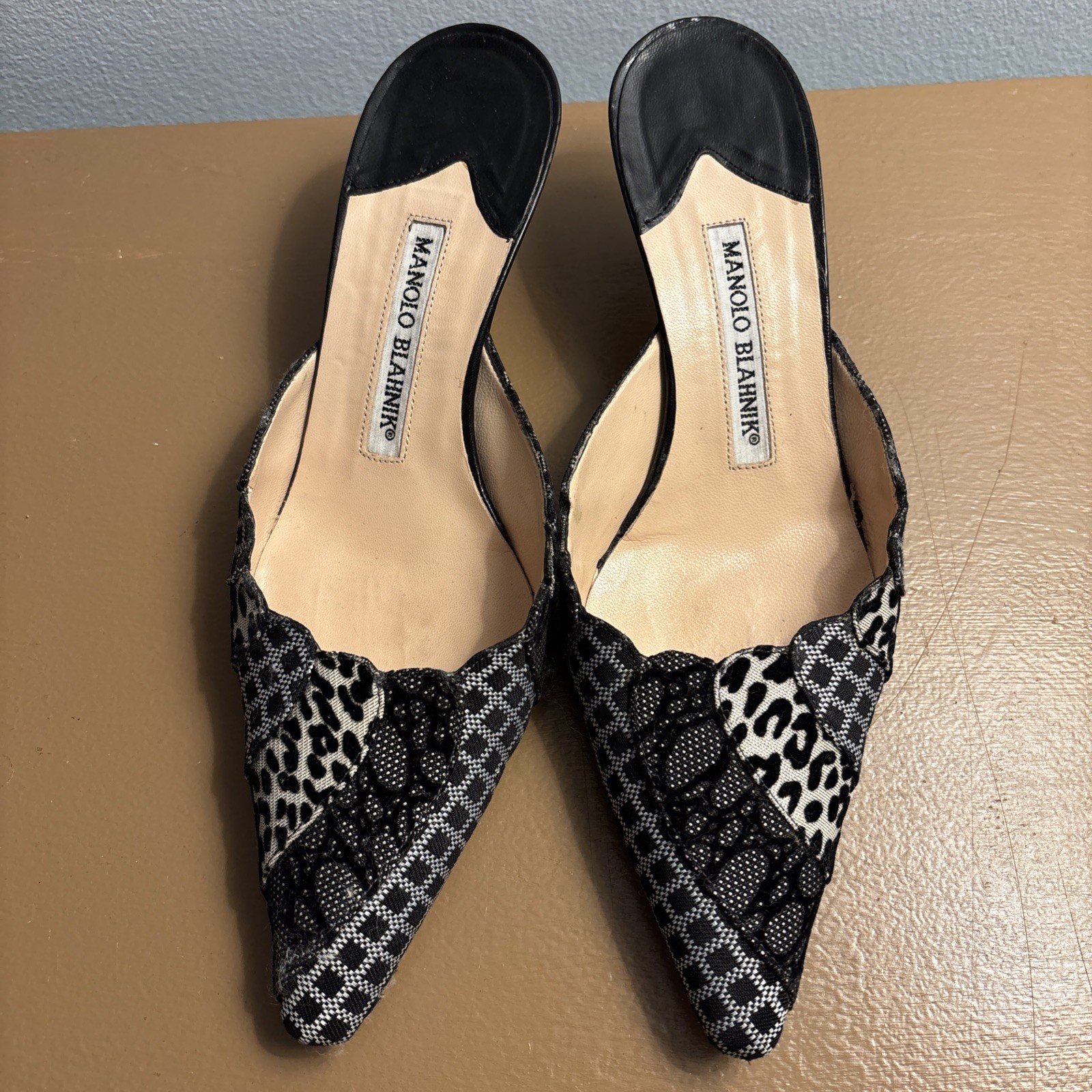 MANOLO BLAHNIK Vintage Black & White Kitten Heel Mules  Sz 36.5 (US 6.5)