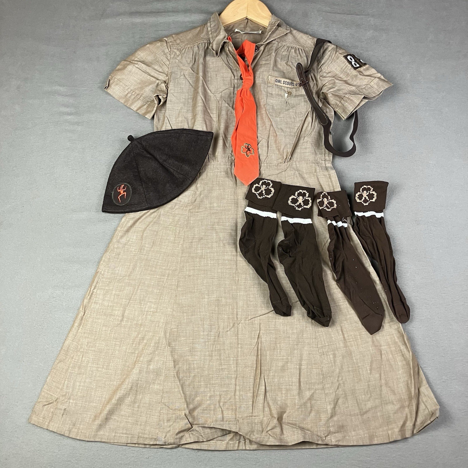 Vintage 60’s Girl Scout Brownie Uniform Beanie, Dress, Belt, Tie, Socks