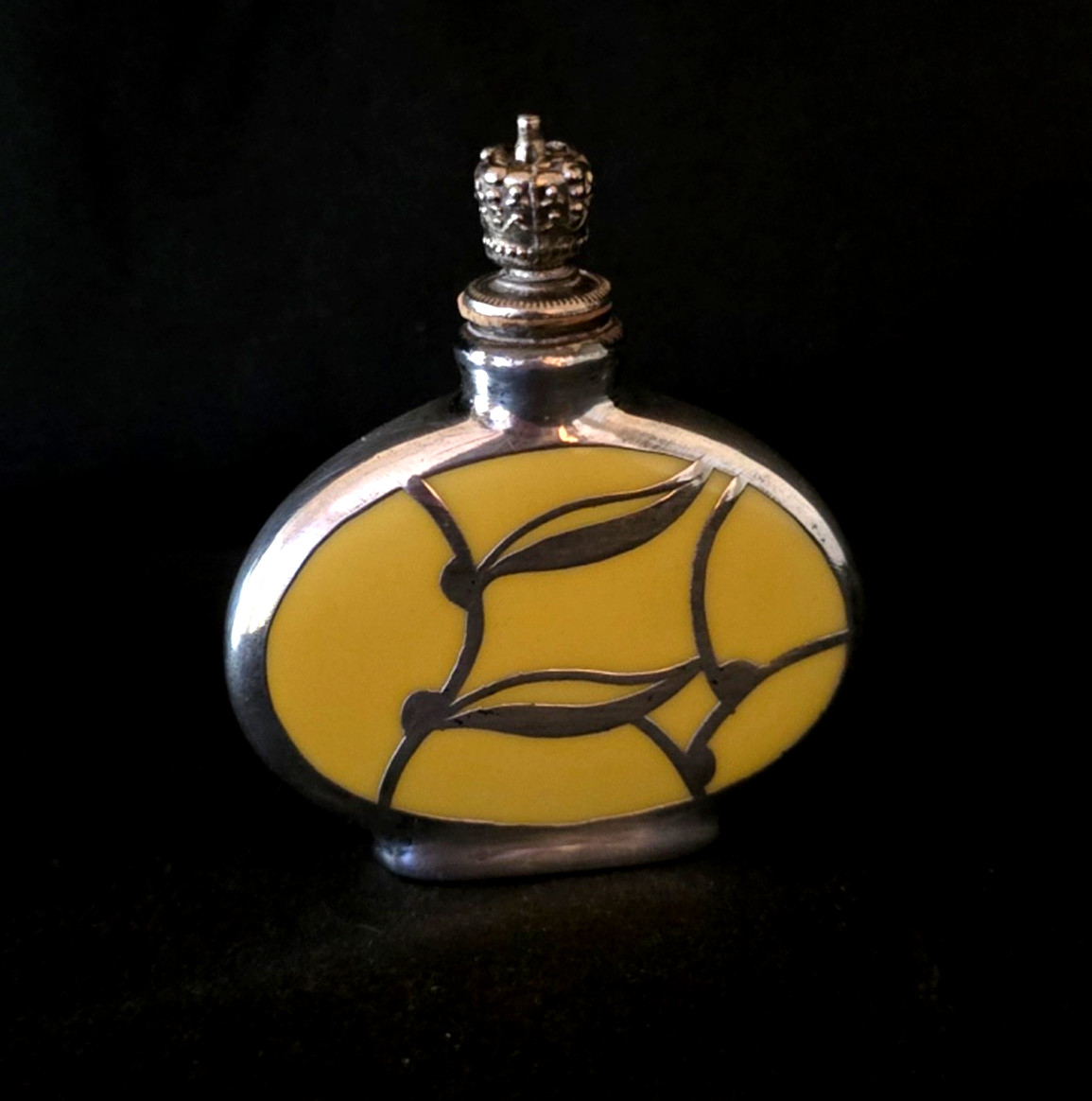 Vintage Antique Perfume Bottle German Yellow Enamel Crown Top Silver Overlay WOW