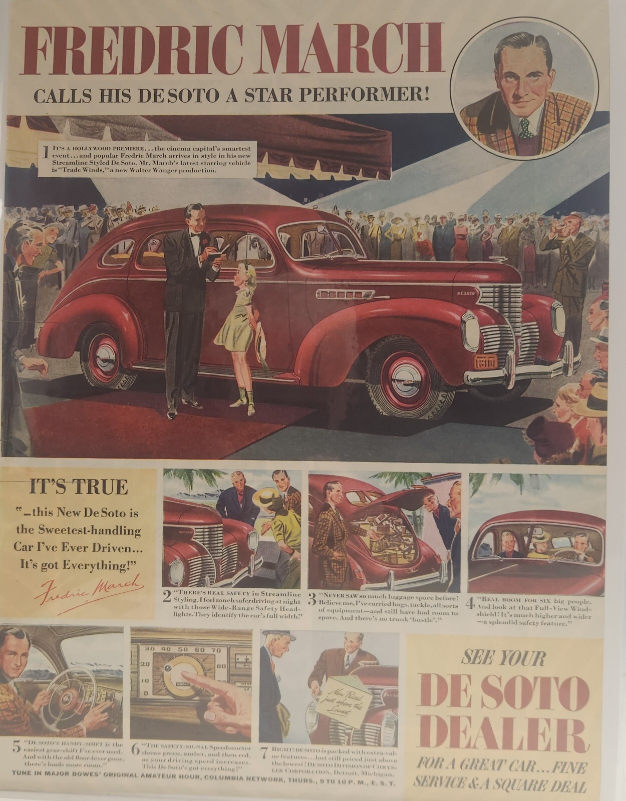 1939 Print Ad De Soto 4-Door Car Hollywood Premiere Actor Fredric March Arrives
