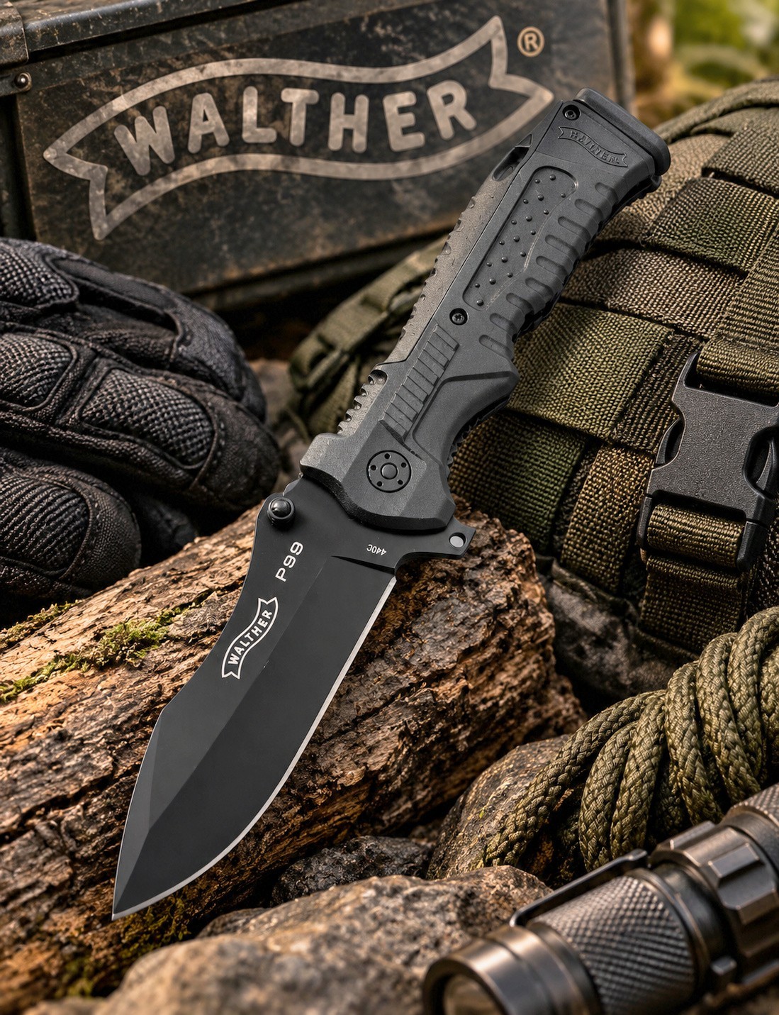 WALTHER P99 Black Flipper Pocket Folding knife 440C SS blade with Nylon Sheath
