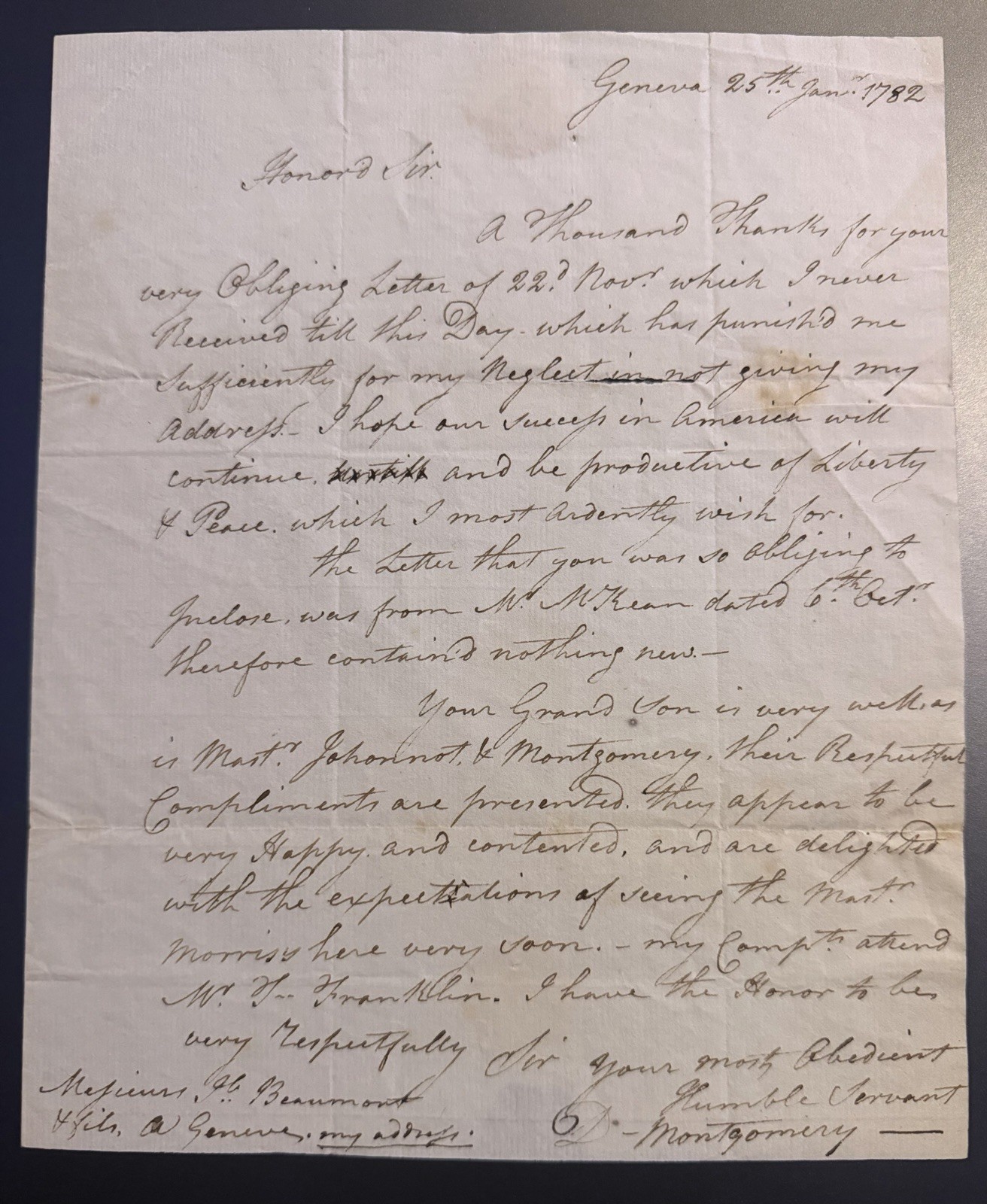 (Benjamin Franklin) 1782 Autograph Letter Signed To Ben Franklin - Great Content