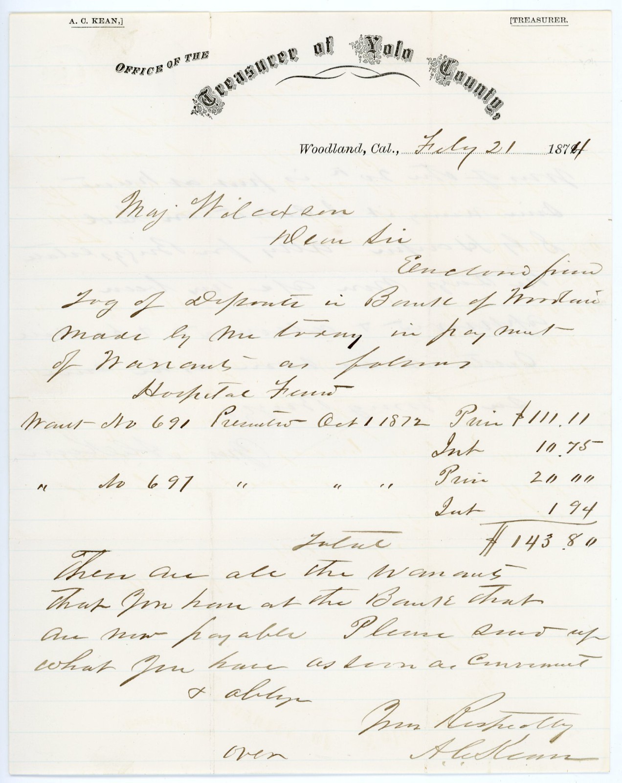 Early Yolo County Woodland CA: Original Treausurer Paper Document Antique - 1874