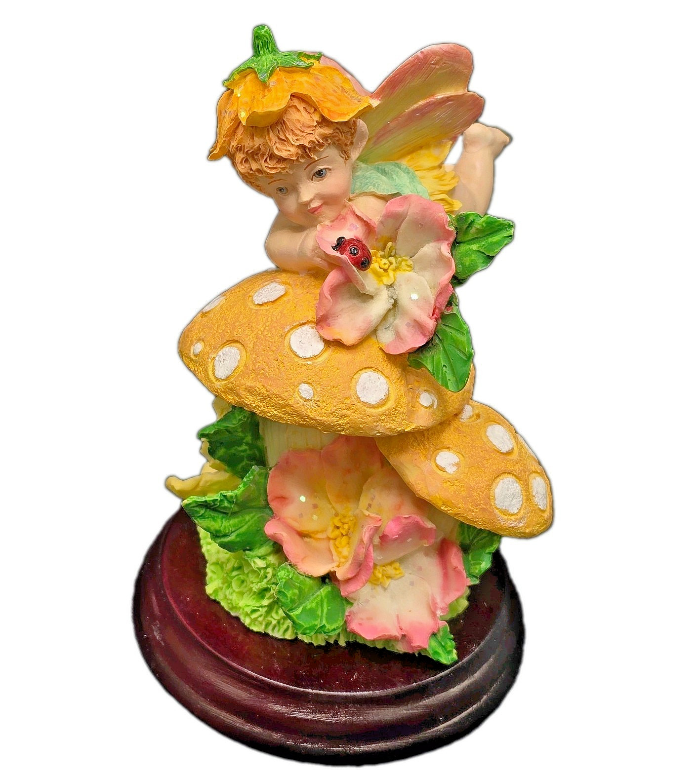 Vintage 1995 Avery Creations Fairy Figurine on Mushrooms Attached Wood Base Box