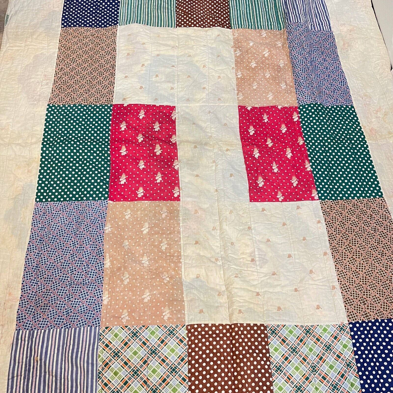 vintage handmade quilt twin square block cotton feedsack polkadots plaid