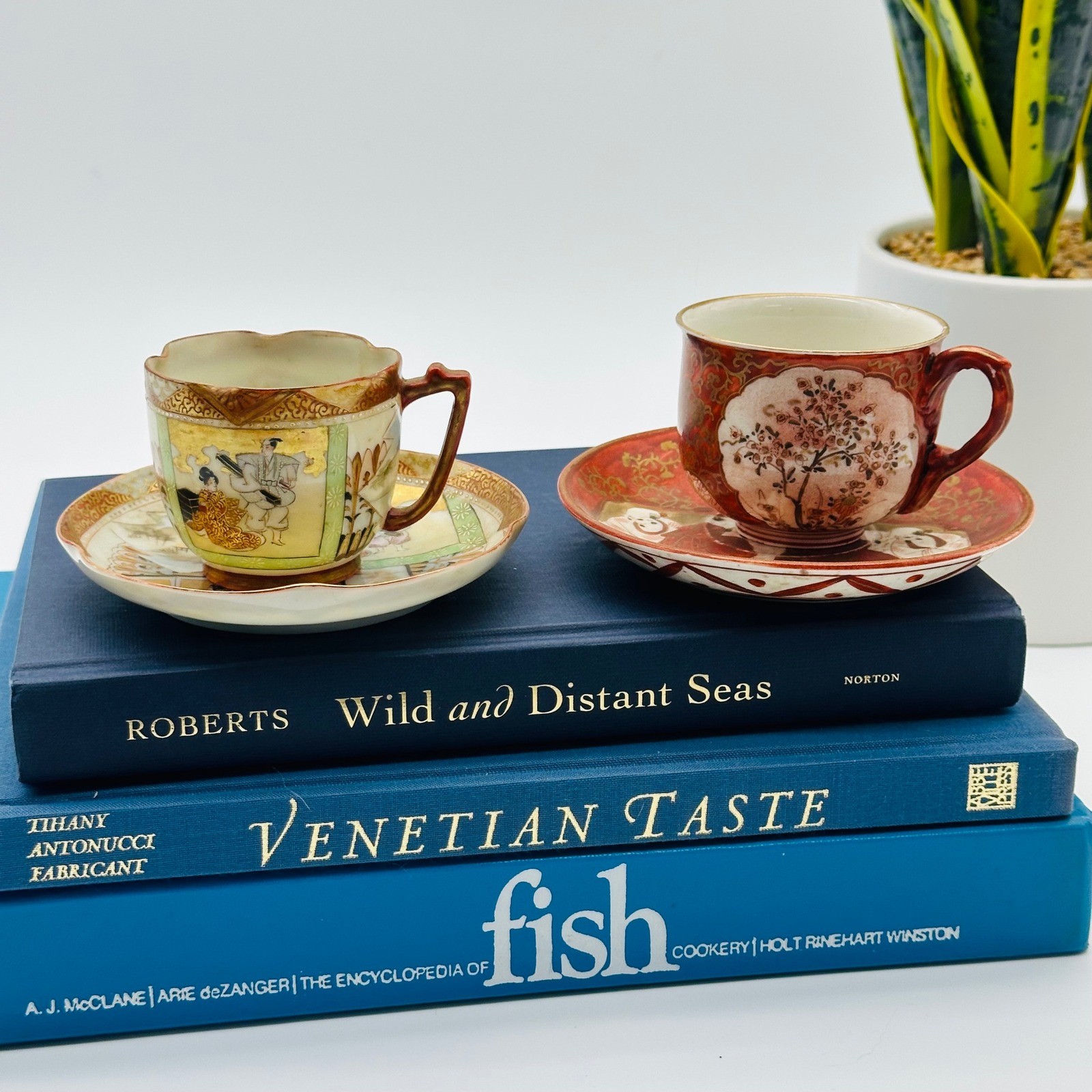 Japanese Antique Satsuma and Kutani Hand Painted Porcelain Tea Cup Saucer Sets