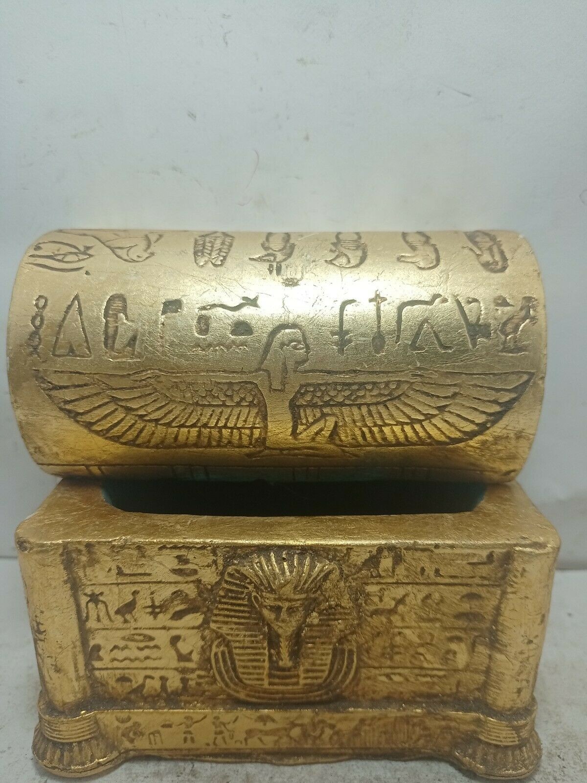 3 SCARAB ANCIENT JEWELRY Egyptian Egypt Winged Antique Goddess Isis Statue Box