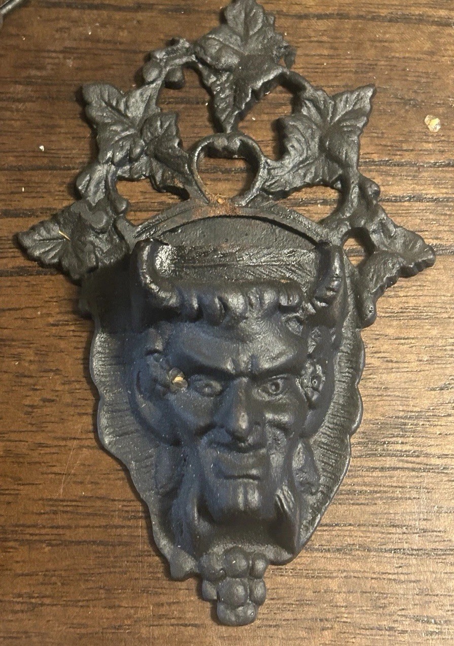 Antique Fireplace Match Holder - Cozzi Horned Devil Cast Iron Bacchus Pan 1920s