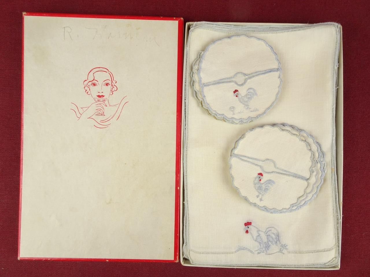 12 VINTAGE EMBROIDERED ROOSTER LINEN COCKTAIL NAPKINS WITH SLIPPERS COASTERS