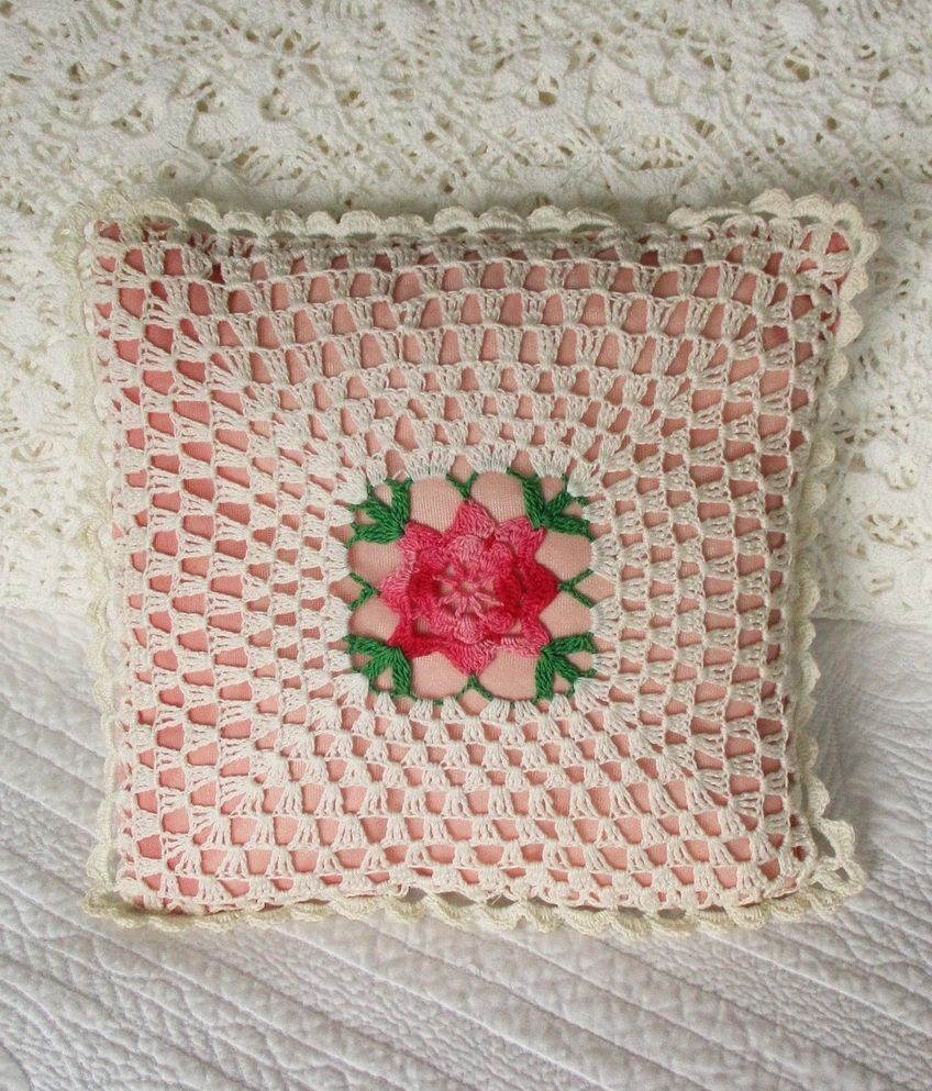 Vintage Rosettes Crochet Lace Throw Pillow Pink & Ivory Boudoir Square