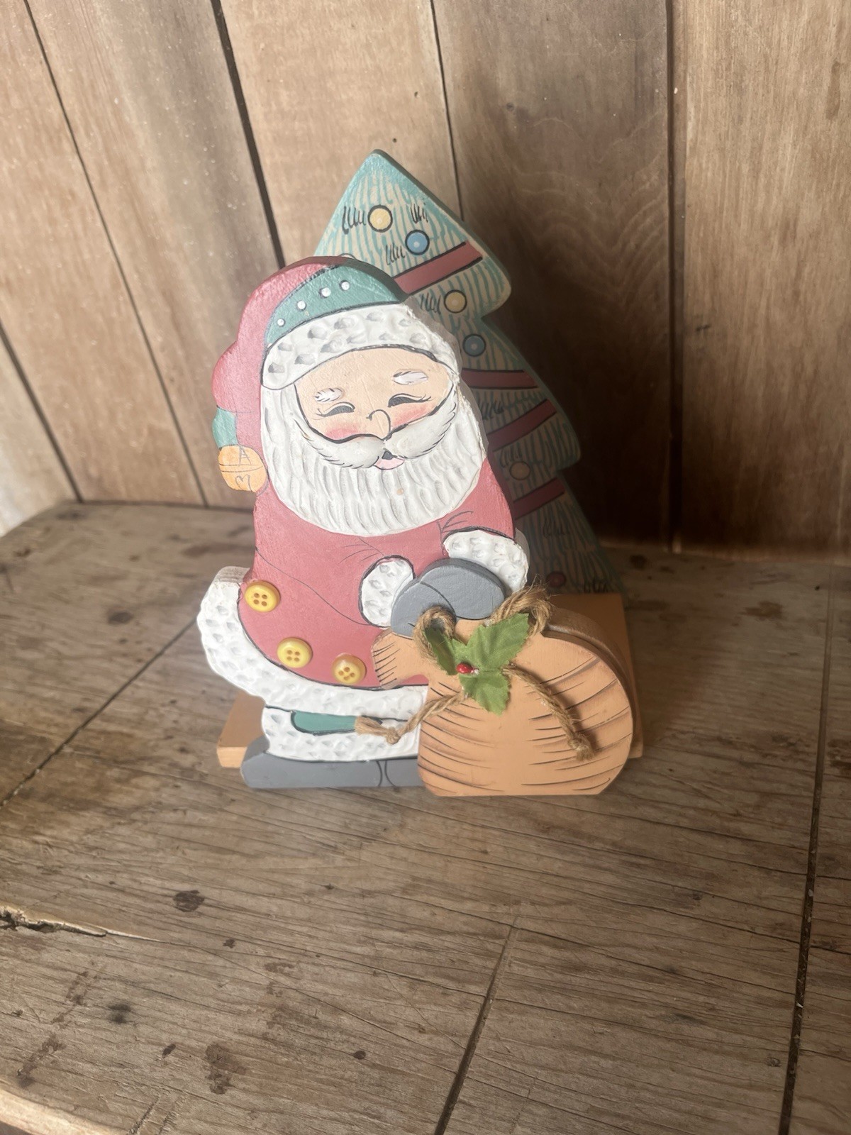 Wood Santa Claus Napkin Holder Hand Painted/ Embossed Christmas Tree Back