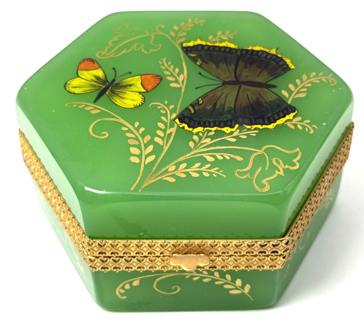 Antique 1880 French  Opaline Green Hexagon  w/Butterfly Bronze Mount Dresser Box