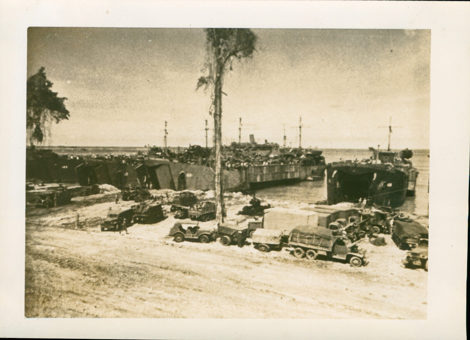 1945 WWII GI's Philippines  4x5 Photo LCT's at beach, trucks, jeeps, etc