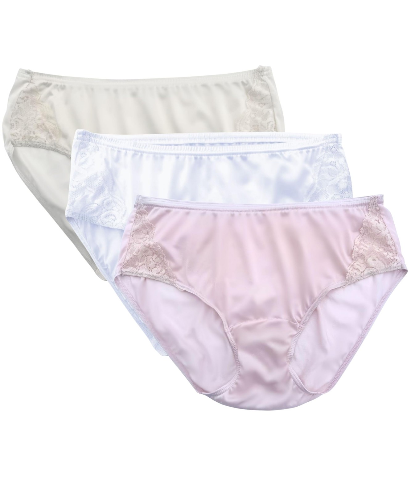 Shadowline Women\'s Nylon Hipster Panties with Lace Insert, 3 Pack, Ivory Mix