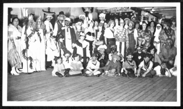 people in costume on a deck California Old Photo