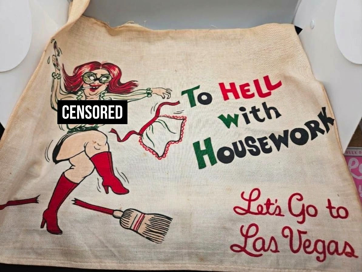 ​Vintage 60s To Hell With Housework Lets Go To Las Vegas Tea Towel Pinup Linen 
