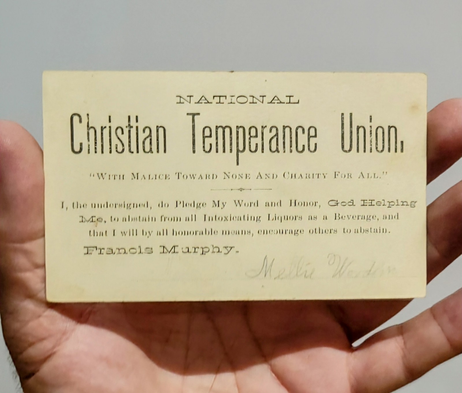 Antique Christian Temperance Union Pledge Card Francis Murphy - SCARCE