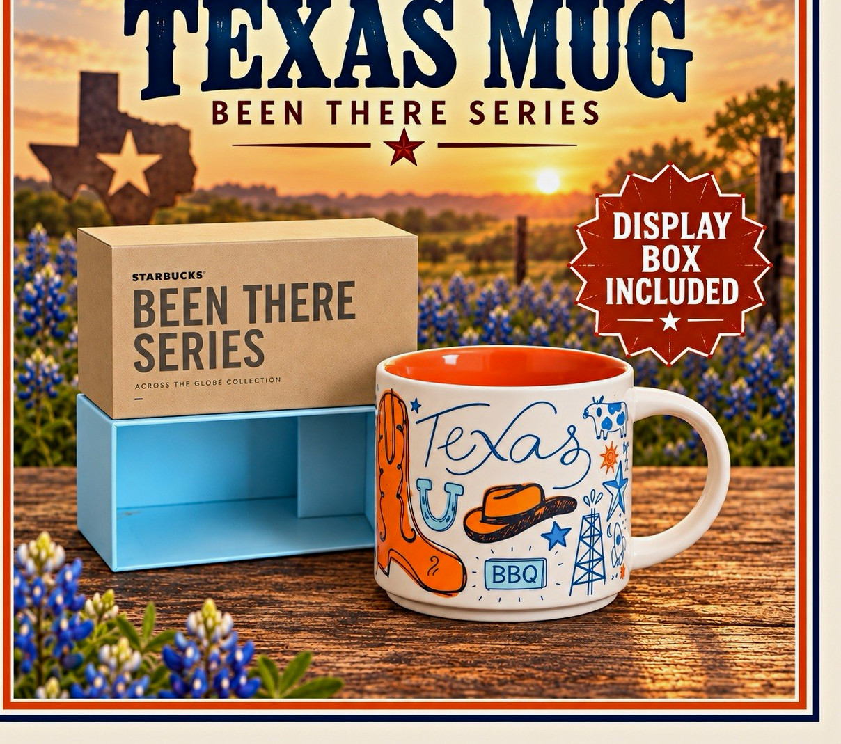 Starbucks Texas Been There Series Mug w/ Display Box, White Blue Orange