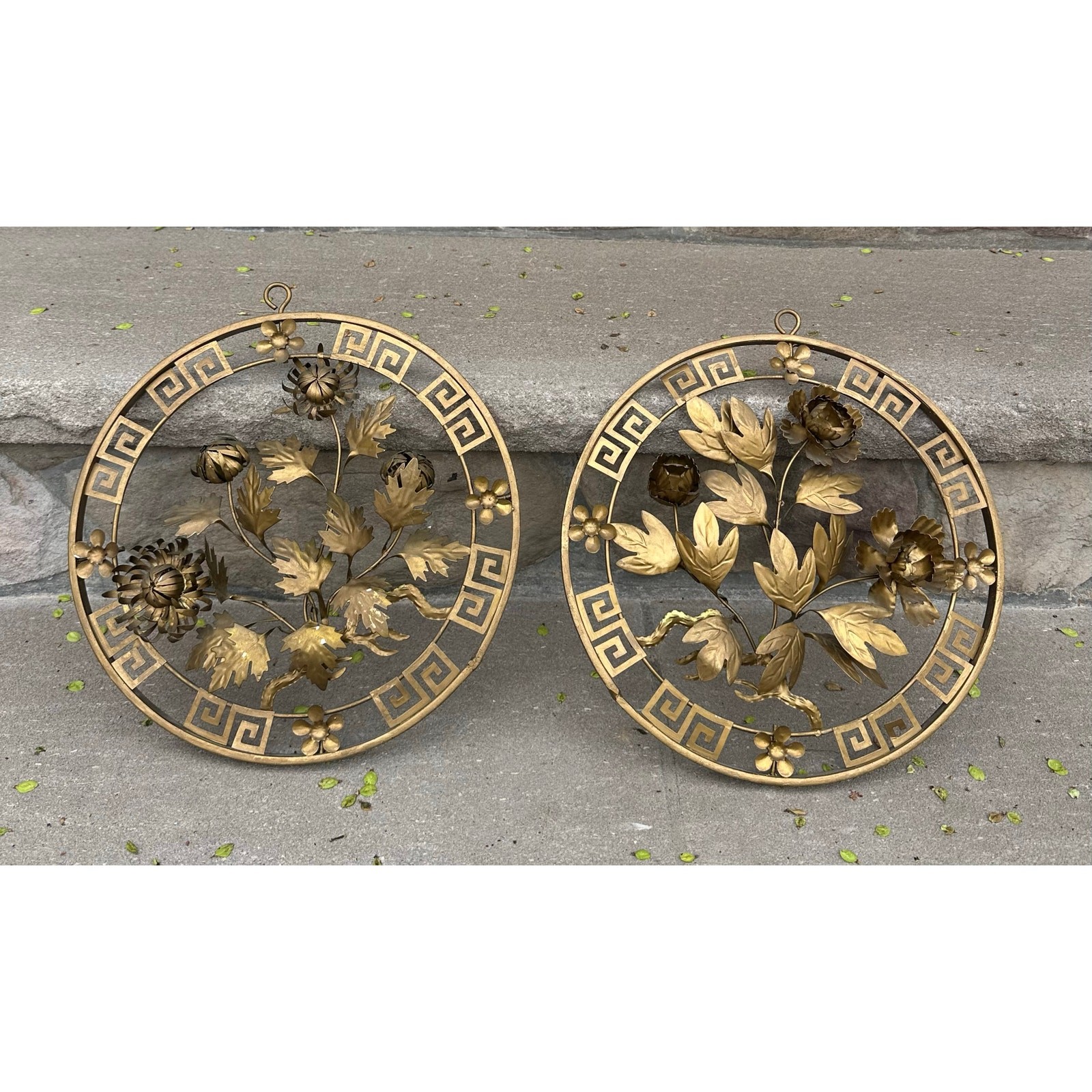 Vintage Pair gold Metal Floral Flower Wall Art Sculpture Decor 12\