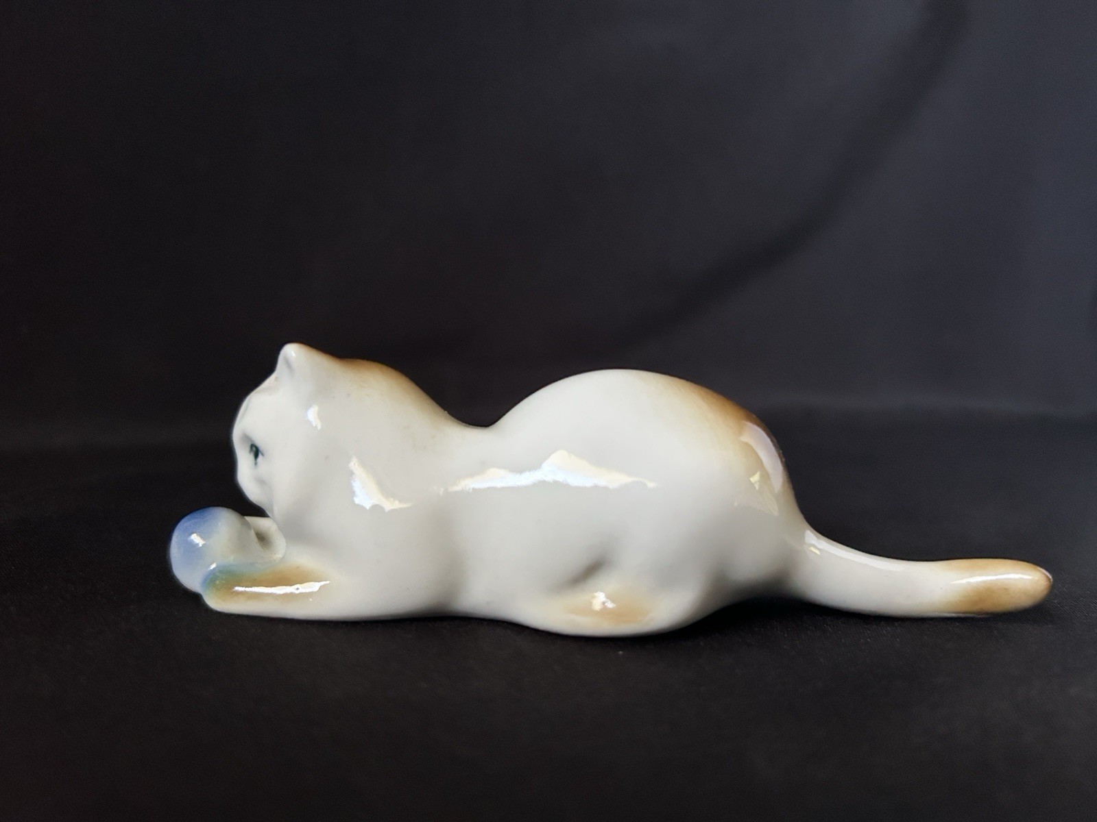 Vintage Zsolnay Hungary Porcelain Cat Playing with Ball Figurine - Mid-Century