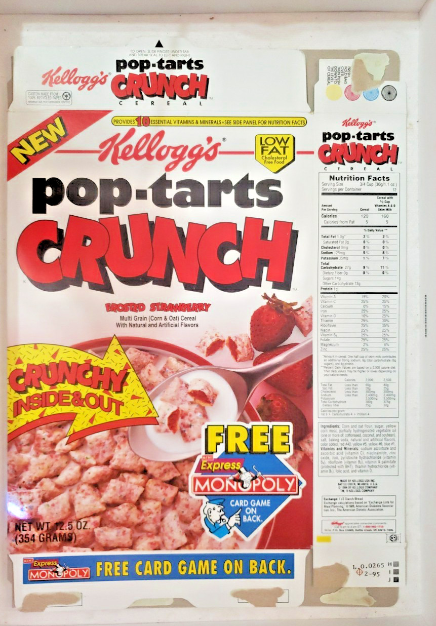 Rare 1995 Kellogg’s pop-tarts CRUNCH Frosted Strawberry cereal box - Monopoly.