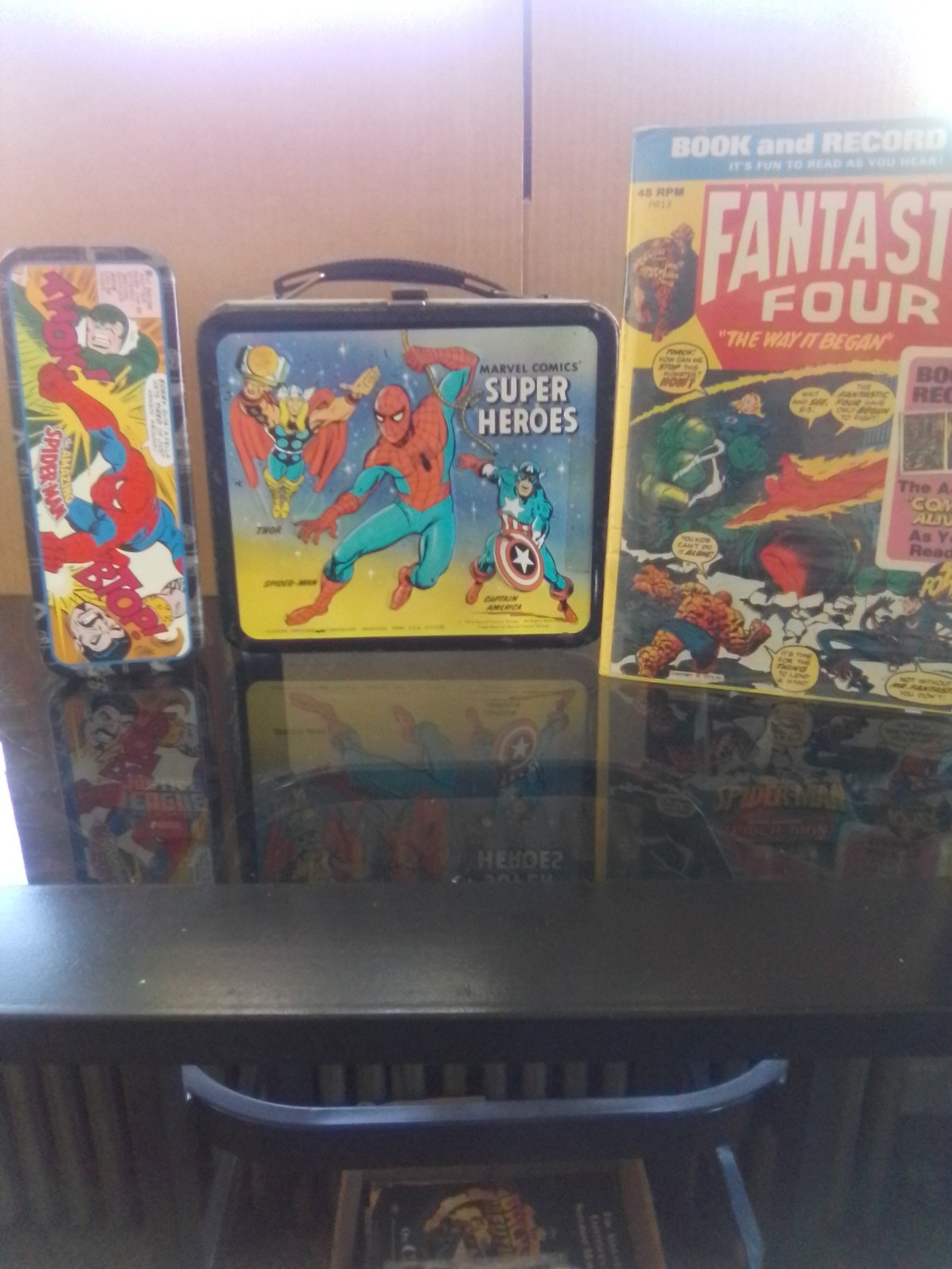 Marvel Super Heroes Collection Lot of 3 Lunchbox, Book &Record, Tin Pencil Case