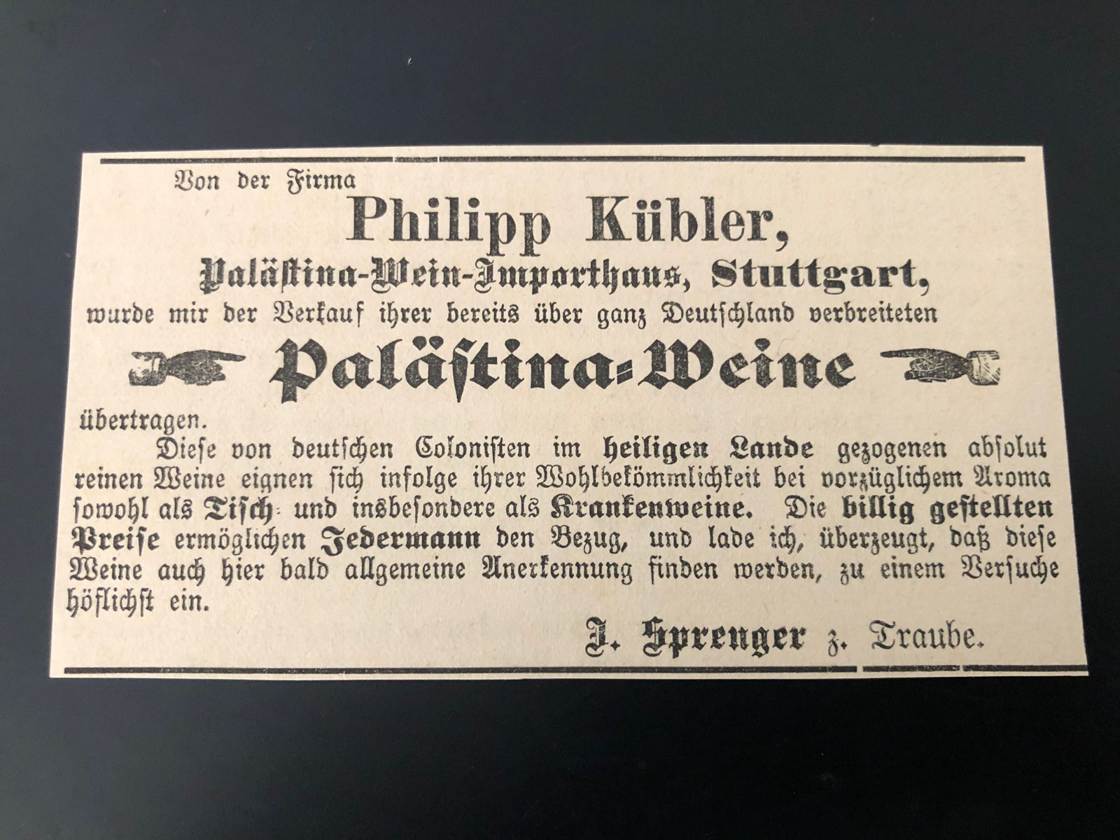 PALESTINE TEMPLERS GERMAN COLONY WINE WINERY STUTTGART KUBLER 1897