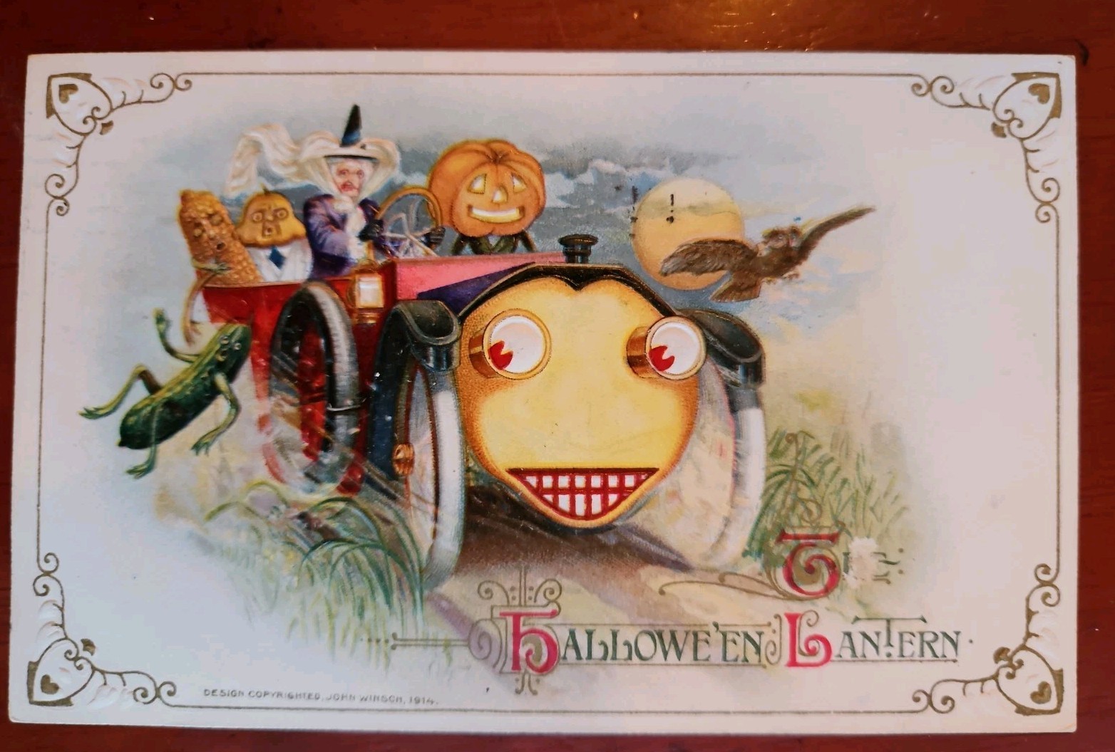 Antique Halloween Postcard Winsch Witch Humanized Car Veggie Guys Hall. Lantern